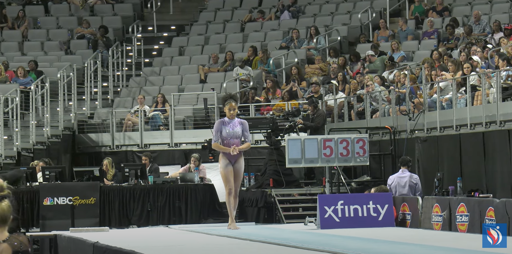 Skye Blakely in a purple leotard at the end of the vault runway.